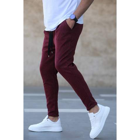 Madmext Men Checkered Maroon Sweatpants 4219 - Bordo