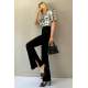 Women Black Side Slit Cuff Jeans - Siyah