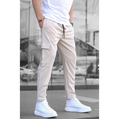 Men Striped Beige Cargo Trousers - Bej