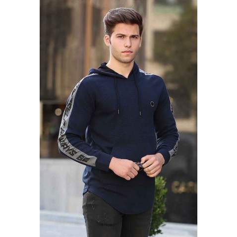 Madmext Navy Blue Striped Hoodie 4170 - Lacivert