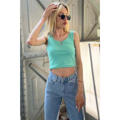 Mad Girls Turquoise Crop Top MG362 - Turkuaz