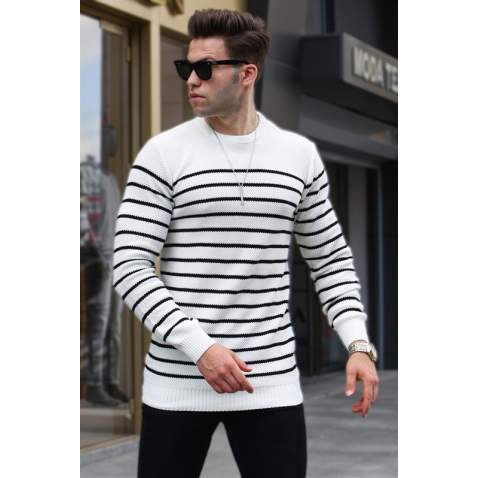 White Striped Knitwear Sweater 5992 - Kemik rengi