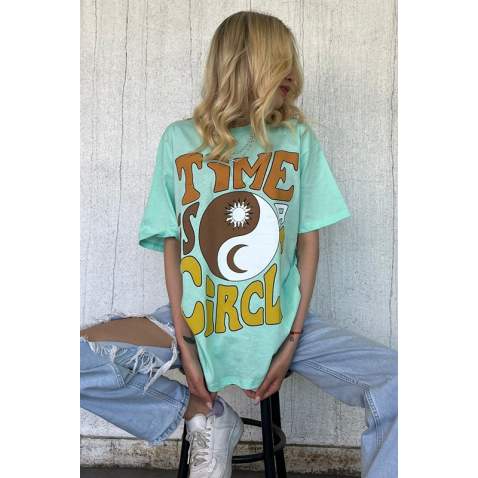 Women Printed Mint Green Over Fit T-Shirt MG1505 - Mint yeşili