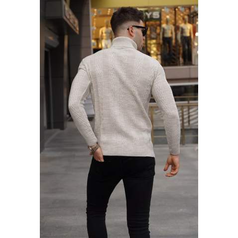 Stone Gray Designed Knitted Sweater 5769 - Taş rengi