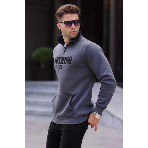 Smoke Gray Printed Hoodie Sweatshirt 6003 - Füme