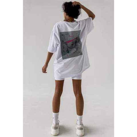 Women Printed Oversize White T-Shirt MG1491 - Beyaz