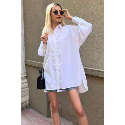 Women White Long Oversize Shirt MG1526 - Beyaz