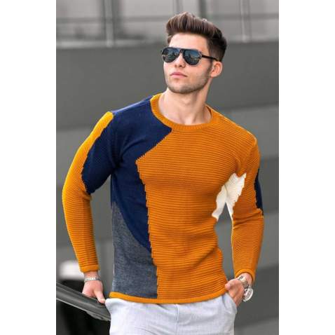 Madmext Mustard Two-Tone Crewneck Jumper 2770-4 - Hardal