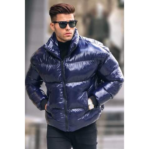 Navy Blue Shiny Basic Puffer Jacket 5993 - Lacivert