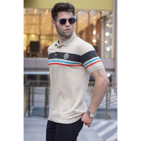 Striped Beige Polo T-Shirt 5877 - Bej