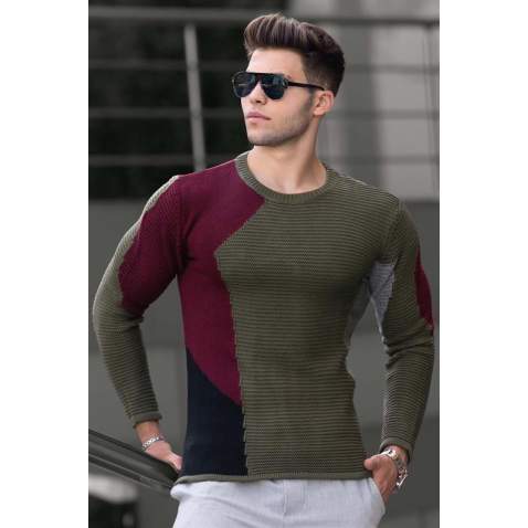 Madmext Khaki Two-Tone Crewneck Jumper 2770-5 - Haki