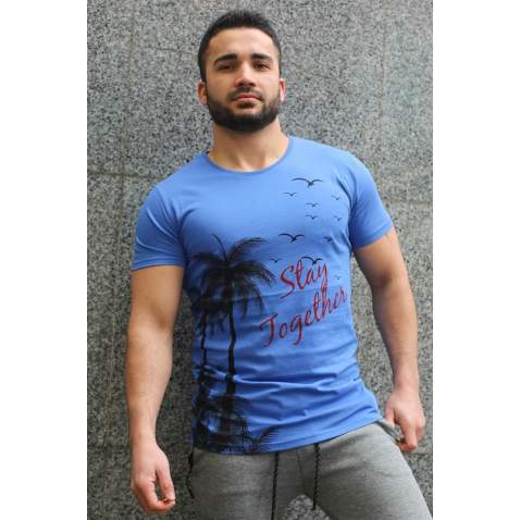 Madmext Blue Printed T-shirt for Men 3026 - Sax mavi