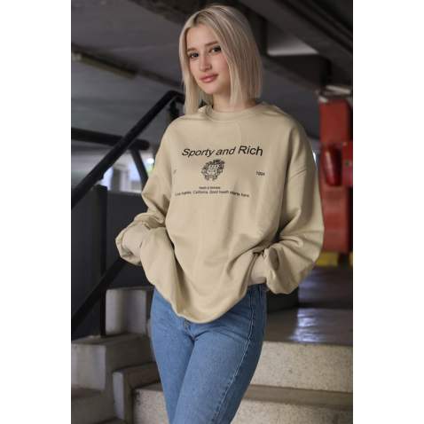 Bej Bisiklet Yaka Baskılı Oversize Kadın Sweatshirt MG1577 - Bej