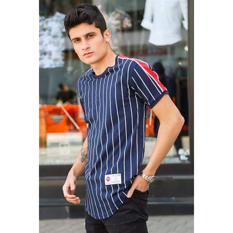 Madmext Navy Blue Striped T-shirt for Men 3039 - Lacivert