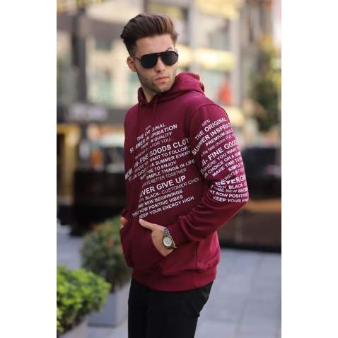 Maroon Printed Hoodie Sweatshirt 6009 - Bordo