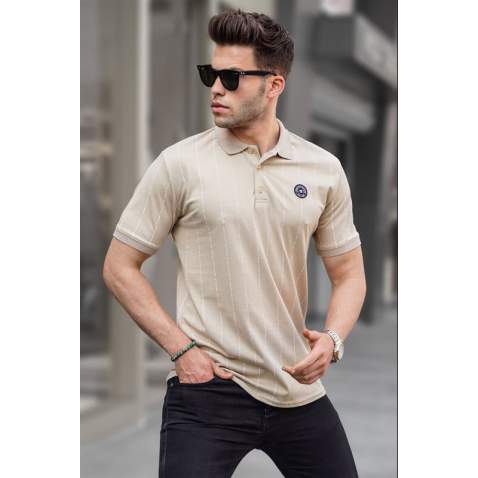 Men Striped Beige Polo T-Shirt 5879 - Bej