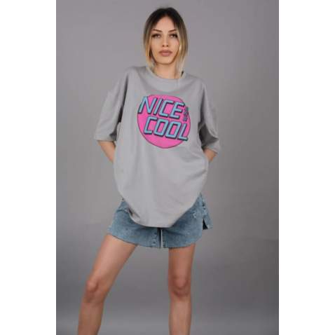 Mad Girls Printed Gray T-shirt Mg1149 - Gri