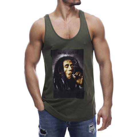 Sleeveless T-Shirt In Bob Marley's Printed and Khaki Color 2634 - Haki yeşili