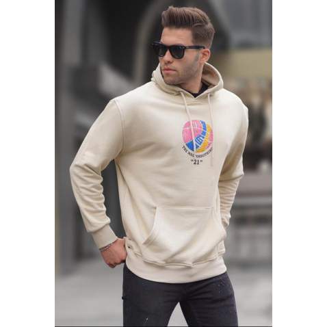 Bej Kabartma Baskılı Kapüşonlu Sweatshirt 6042 - Bej