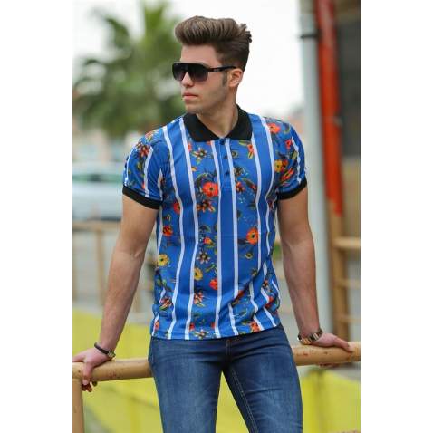 Madmext Blue Printed Polo Shirt for Men 2884 - İndigo