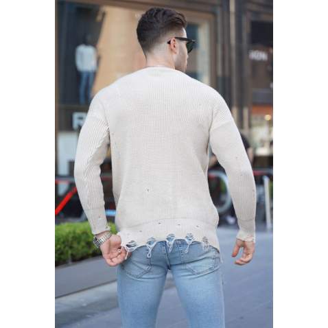 Stone White Ripped Design Knitwear Sweater 5998 - Taş rengi