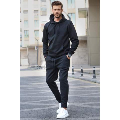 Black Hoodie Basic Tracksuit 5903 - Siyah