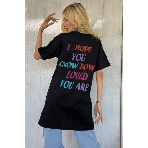 Women Printed Oversize Black T-Shirt - Siyah