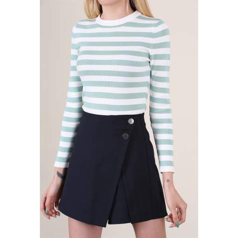 Women Crewneck Green Striped Sweater - Yeşil