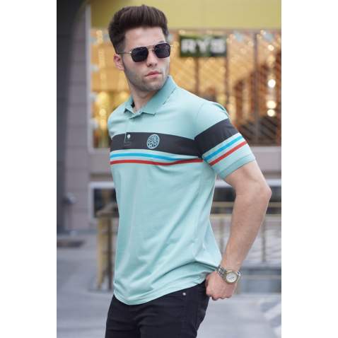 Striped Mint Green Polo T-Shirt 5877 - Mint yeşili