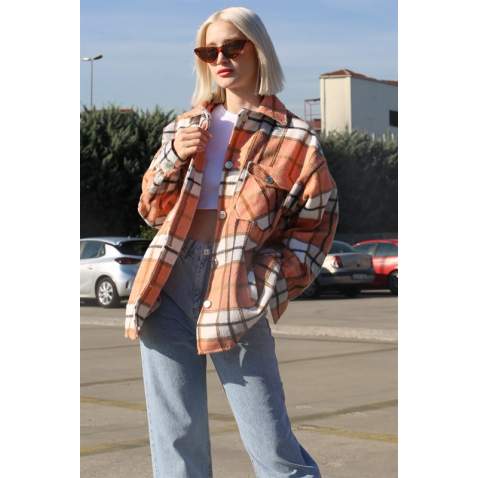 Mad Girls Orange Oversize Women Lumberjack Shirt MG042 - Turuncu