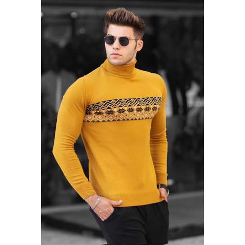 Madmext Mustard Patterned Turtleneck Jumper 4690 - Hardal