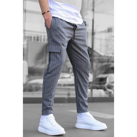 Men Striped Anthracite Cargo Trousers - Antrasit