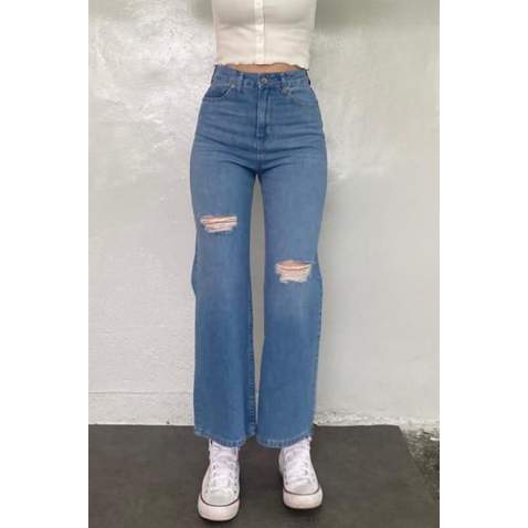 Women Light Blue Bell Bottom Jeans MG1519 - Açık mavi