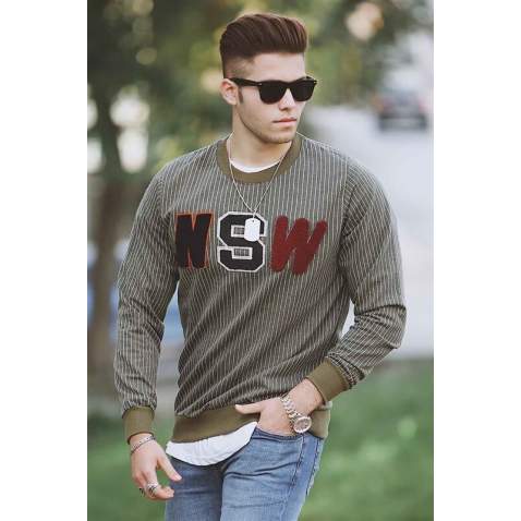 Madmext Men Striped Khaki Sweatshirt 2792 - Haki