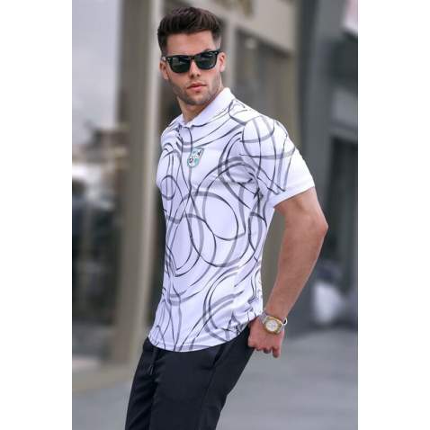 Men Designed White Polo T-Shirt 5873 - Beyaz