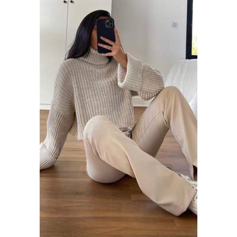 Mad Girls Beige Turtleneck Sweater MG1402 - Bej