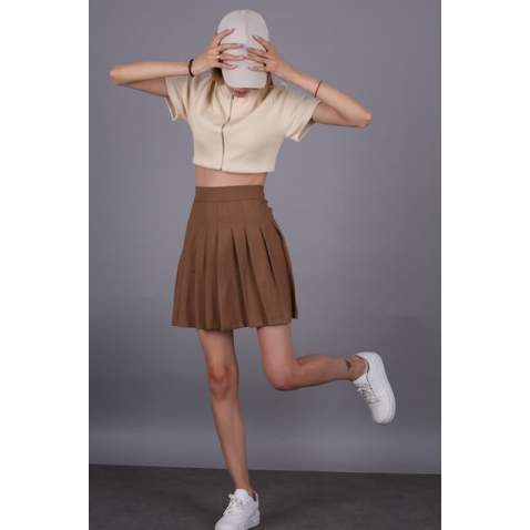 Women Basic Pleated Brown Skirt MG1484 - Kahverengi