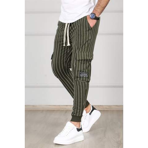 Madmext Khaki Pocket Detailed Striped Jogger Pants 4818 - Haki