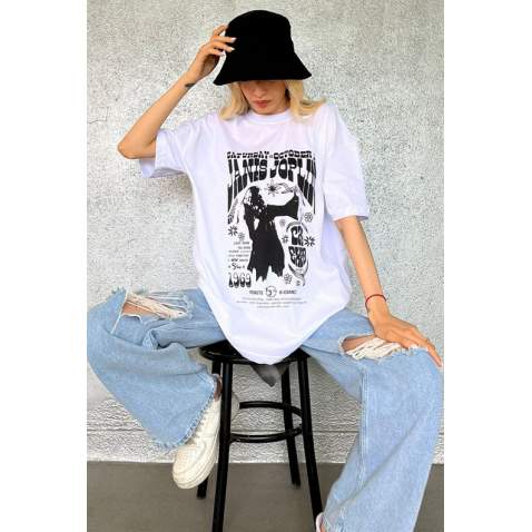 White Printed Oversize T-Shirt MG1417 - Beyaz