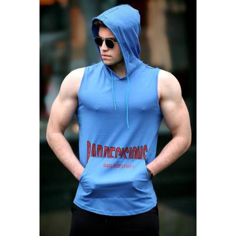 Madmext Blue Printed T-shirt with Hood for Men 3079 - İndigo