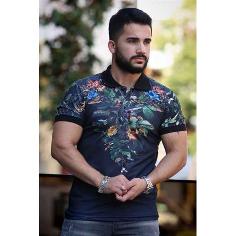 Madmext Navy Blue Printed Polo Shirt for Men 2885 - Lacivert