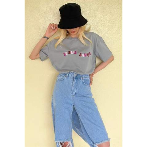 Dye Gray Printed Oversize T-Shirt MG1517 - Boyalı gri