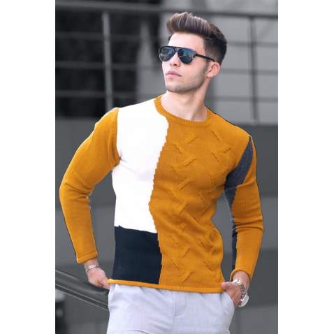 Madmext Mustard Knitting Two-Tone Crewneck Jumper 2770-4 - Hardal