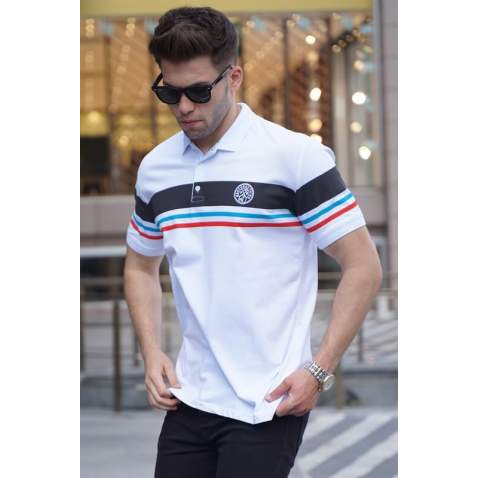 Striped White Polo T-Shirt 5877 - Beyaz