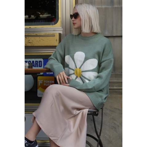 Women Designed Green Oversize Sweater MG1427 - Yeşil