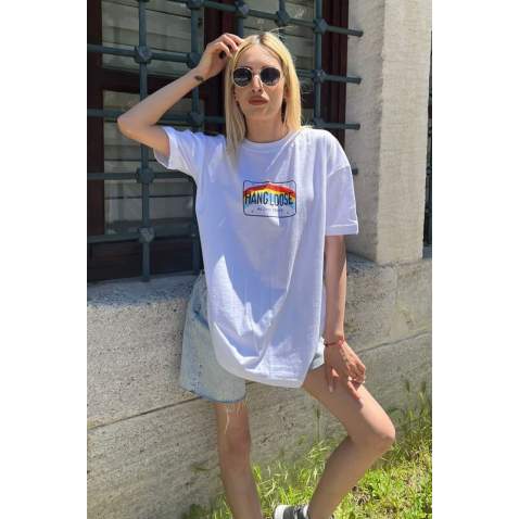 Women Printed Oversize White T-Shirt MG808 - Beyaz