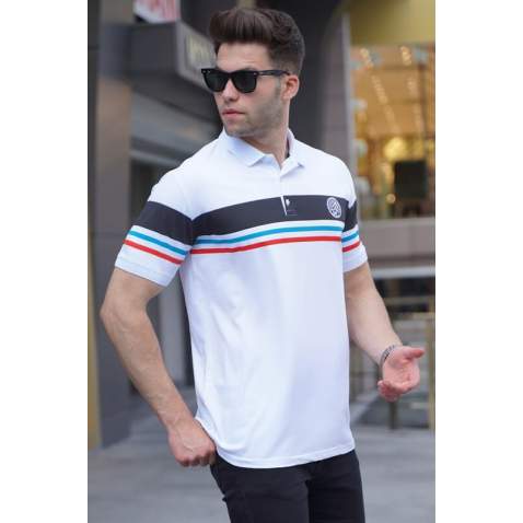 Striped White Polo T-Shirt 5877 - Beyaz