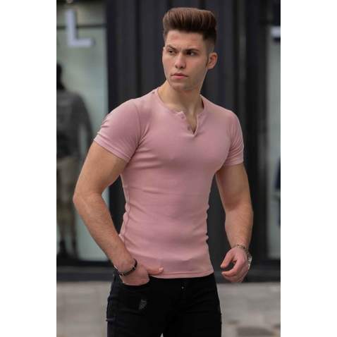 Madmext Pink Basic Button-Up T-shirt for Men 4078 - Pudra