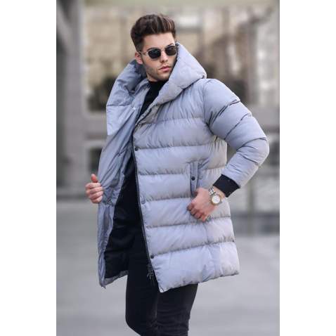 Stone Gray Hoodie Long Puffer Jacket 5743 - Taş rengi