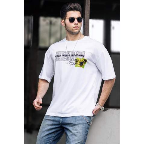 Madmext White Printed T-shirt for Men 4972 - Beyaz